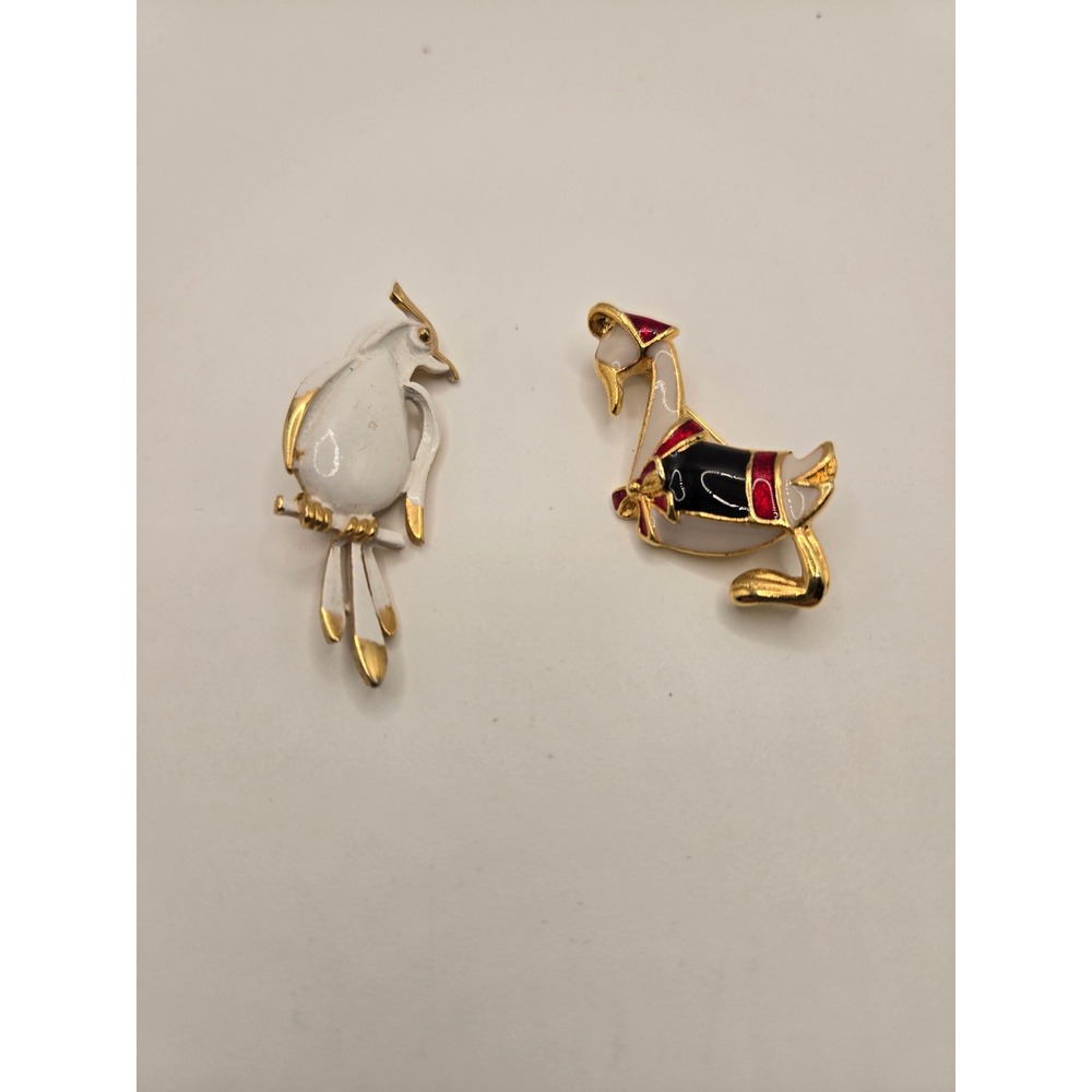 Vintage Enamel Bird Brooch Set White Cockatoo and Dressed Goose Gold Tone Pins